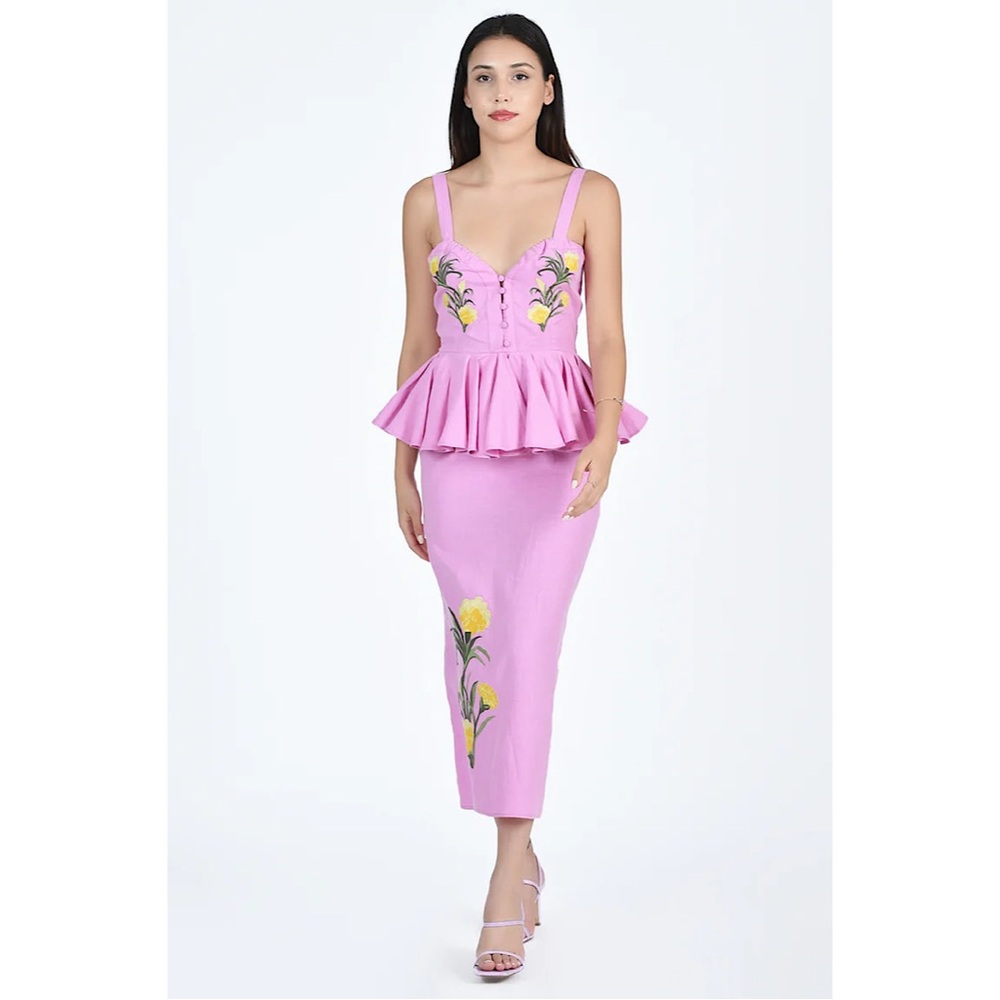 Fanm Mon NOEMINE DRESS embroidered flower peplum dress Plum Pink‎ LARGE